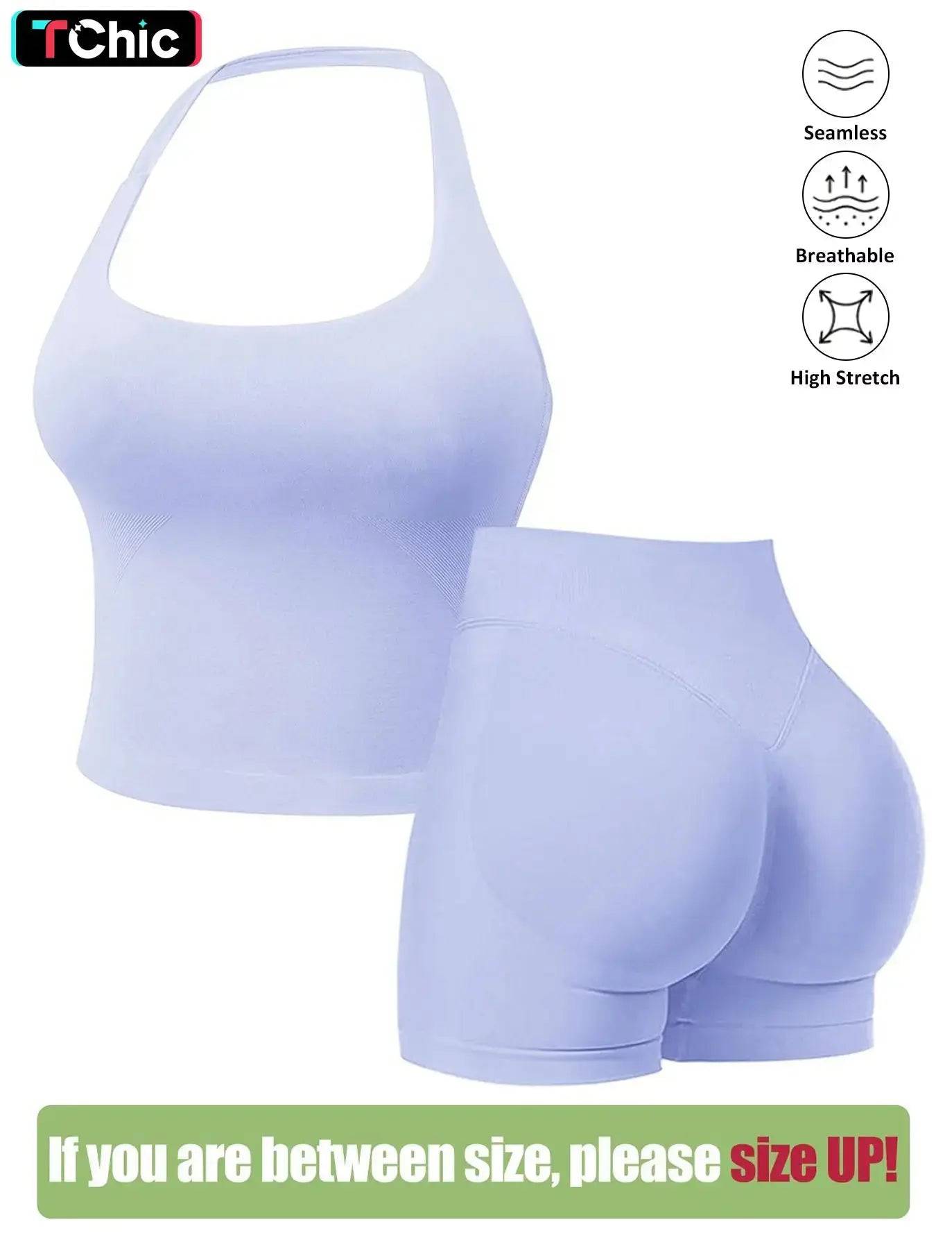Seamless Workout Sets for Women, Halter Tank Top & Gym Scrunched Shorts Sports Set, Sporty Breathable Quick Drying Outfits for Yoga Gym Workout Running, Ladies Sportswear for Summer, Exercise Clothing Set