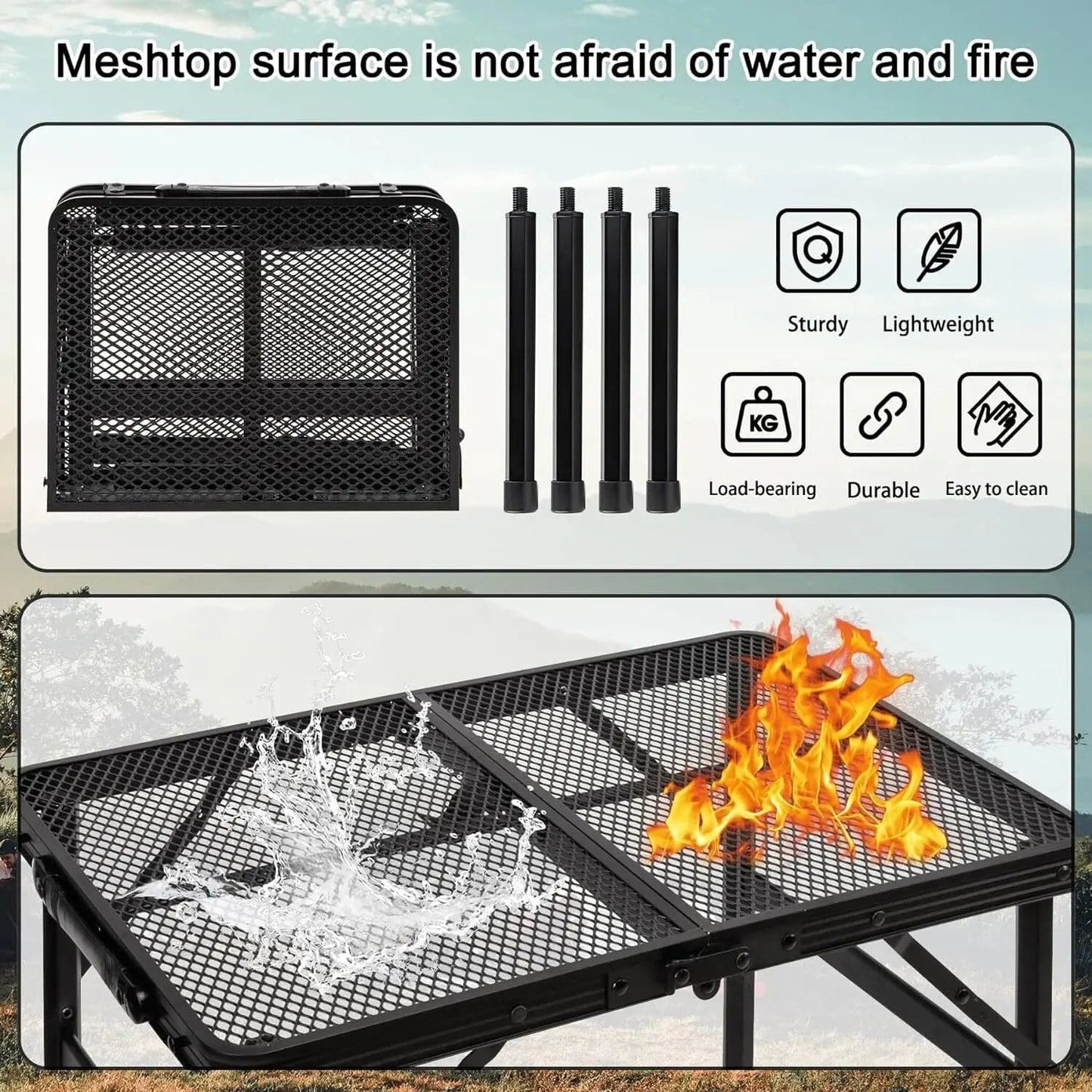 Lightweight Folding Grill Table with Mesh Desktop, Camping Table Folding Portable Camp Aluminum ,Picnic, Backyard, BBQ, Patio, Black