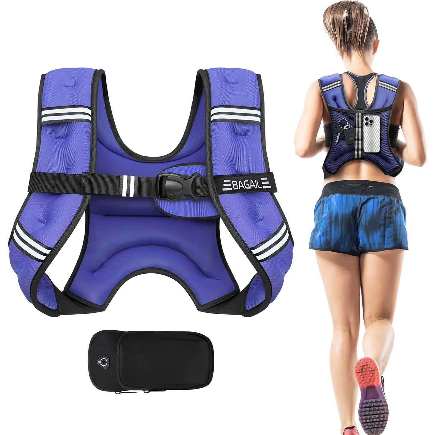 【Summer Wins】Bagail Weighted Vest, 5Lbs/8Lbs/10Lbs/12Lbs/15Lbs/20Lbs/25Lbs/30Lbs Weight Vest with Detachable Phone Pouch, Rucking Vest for Women, Men, Walking, Training, Running Summervibes