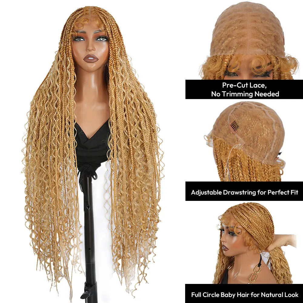 #T274/614 36 Inches Full Lace Premium Synthetic Fiber Bohemian Box Braided Wigs Knotless Supernova Hair Ash Blonde Wig DM to Pre-Cut Lace #Summervibes #Dealsforyoudays