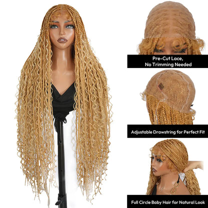#T274/614 36 Inches Full Lace Premium Synthetic Fiber Bohemian Box Braided Wigs Knotless Supernova Hair Ash Blonde Wig DM to Pre-Cut Lace #Summervibes #Dealsforyoudays
