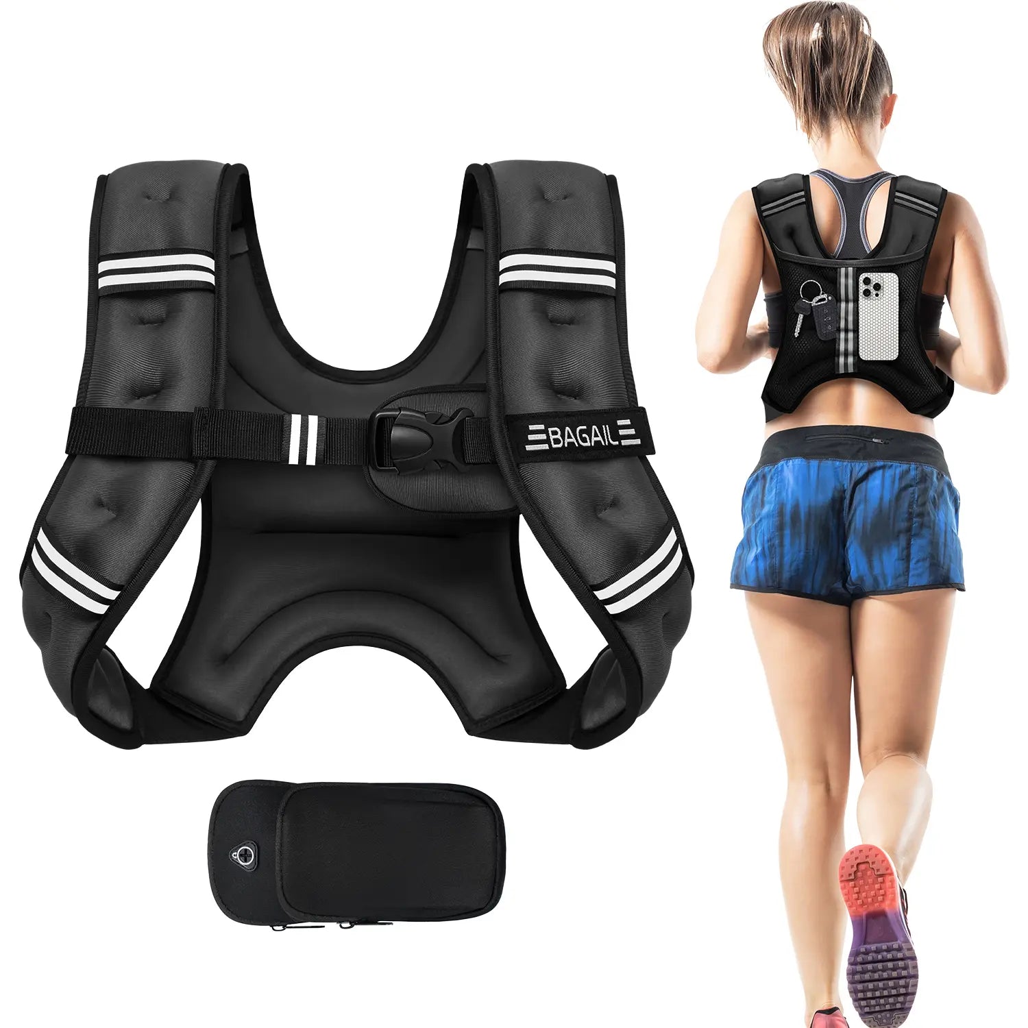 【Summer Wins】Bagail Weighted Vest, 5Lbs/8Lbs/10Lbs/12Lbs/15Lbs/20Lbs/25Lbs/30Lbs Weight Vest with Detachable Phone Pouch, Rucking Vest for Women, Men, Walking, Training, Running Summervibes