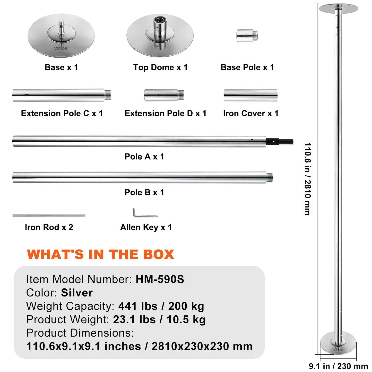 【Summerfinds】Vevor Professional Dancing Pole, , Spinning Static Dancing Pole Kit, Portable Removable Pole, 45Mm Heavy-Duty Stainless Steel Pole, Height Adjustable Fitness Pole, for Exercise Home Club Gym, Silver