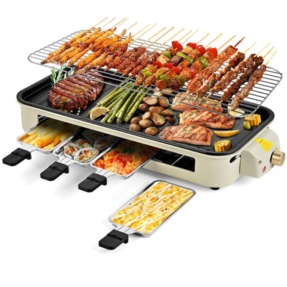 Pukomc 1500W Smokeless Grills - Electric Nonstick Griddle Grill with Extended Removable Plates, Adjustable Temp Control, 4 Mini Raclette Pans, Compact Apartment Kitchen Supply, Mess-Free Easy-Clean Accessory