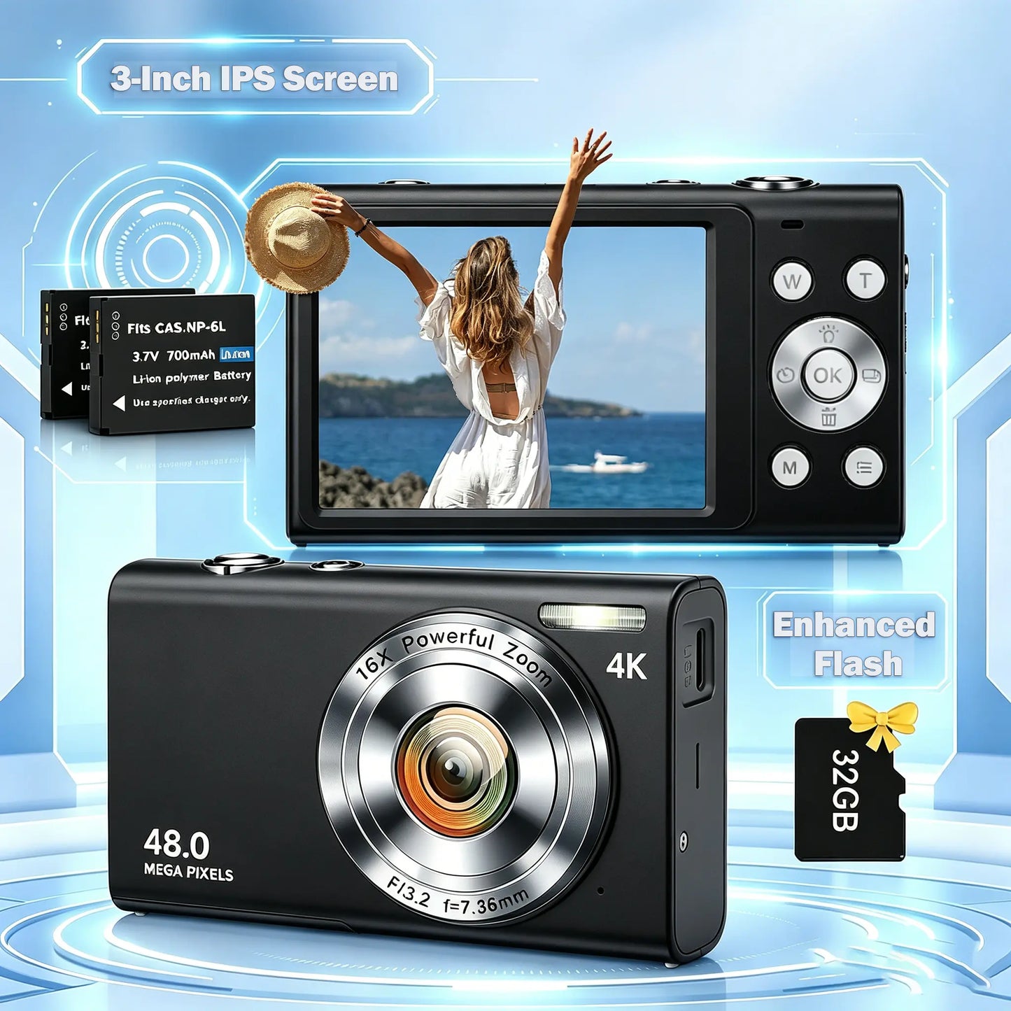 2026 Portable Mini Digital Camera - FHD Point-And-Shoot, 16X Digital Zoom, Anti-Shake, Self-Timer, USB Rechargeable, 32GB SD Card, Wrist Strap, Chip-Equipped Gadgets for Purse, Teen Boy Girl Gift, Cool Stuff for Daily Photography #Summervibes