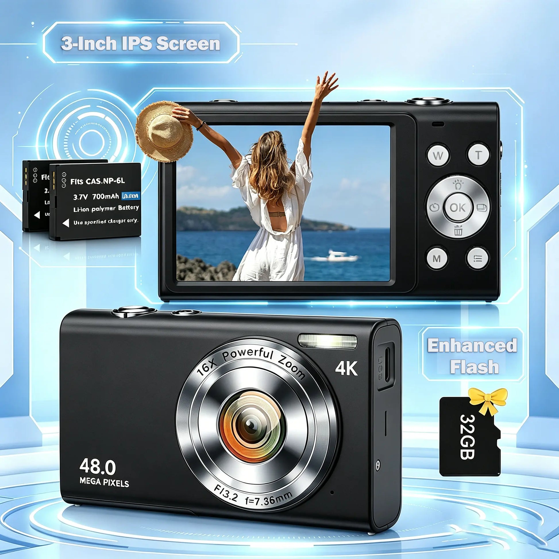 2026 Portable Mini Digital Camera - FHD Point-And-Shoot, 16X Digital Zoom, Anti-Shake, Self-Timer, USB Rechargeable, 32GB SD Card, Wrist Strap, Chip-Equipped Gadgets for Purse, Teen Boy Girl Gift, Cool Stuff for Daily Photography #Summervibes