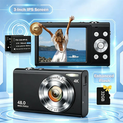 2026 Portable Mini Digital Camera - FHD Point-And-Shoot, 16X Digital Zoom, Anti-Shake, Self-Timer, USB Rechargeable, 32GB SD Card, Wrist Strap, Chip-Equipped Gadgets for Purse, Teen Boy Girl Gift, Cool Stuff for Daily Photography #Summervibes