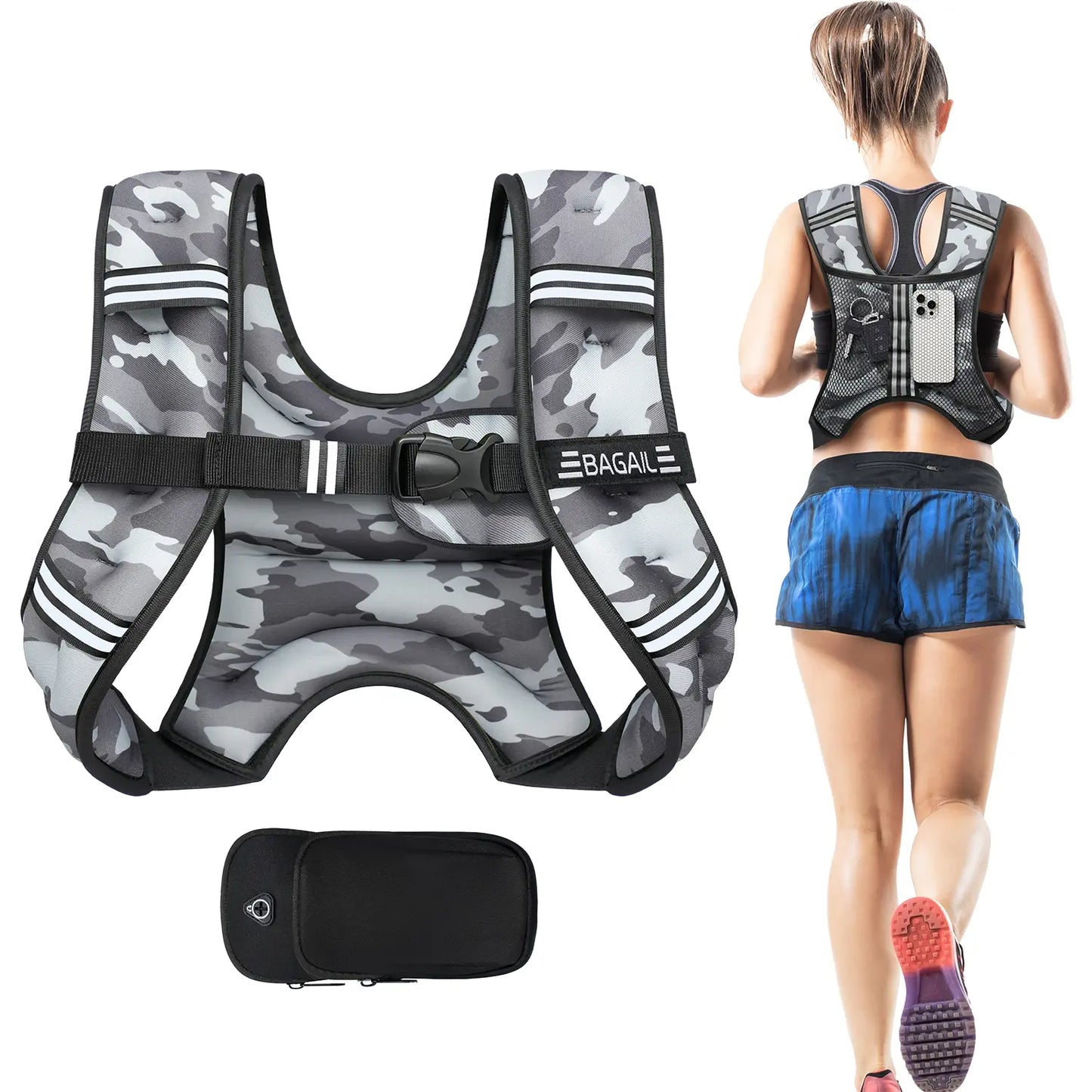 【Summer Wins】Bagail Weighted Vest, 5Lbs/8Lbs/10Lbs/12Lbs/15Lbs/20Lbs/25Lbs/30Lbs Weight Vest with Detachable Phone Pouch, Rucking Vest for Women, Men, Walking, Training, Running Summervibes