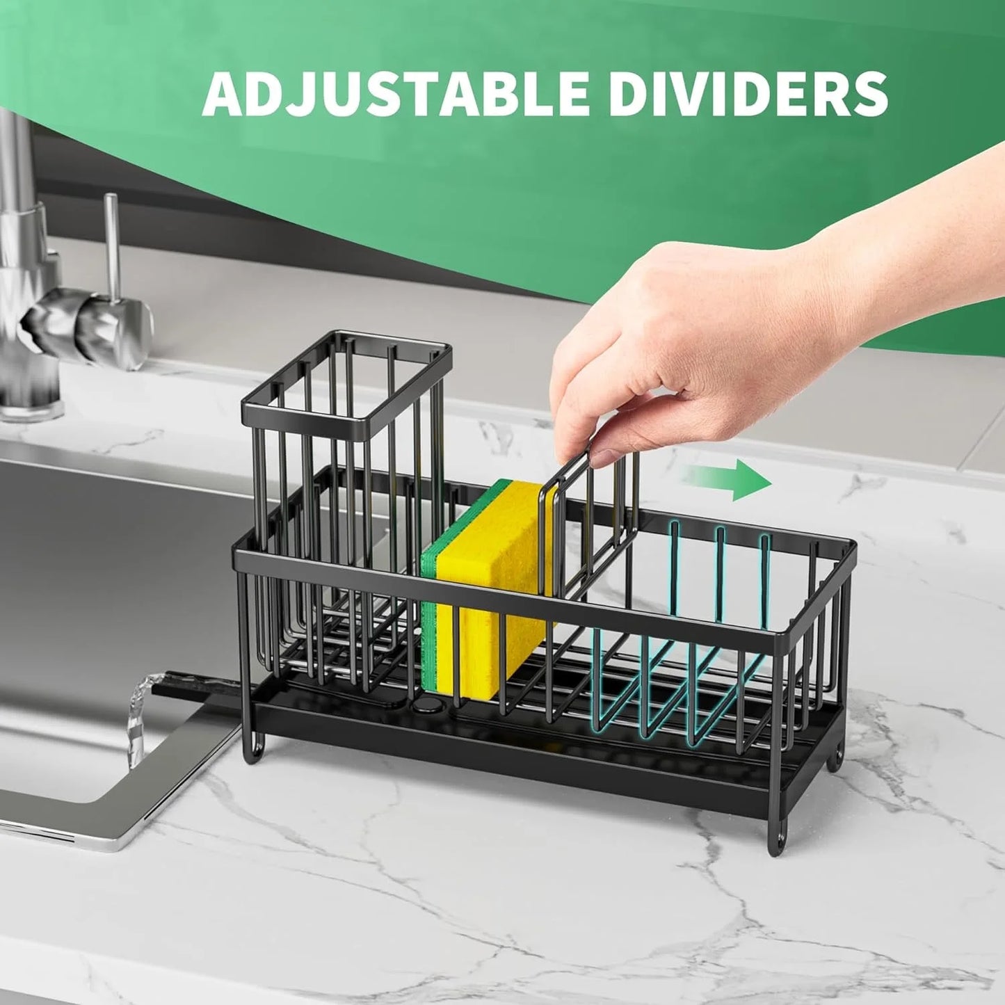 Black Sponge Holder for Kitchen Sink, Sink Caddy Organizer with High Brush Holder, Kitchen Countertop Organizers and Storage Essentials, Rustproof 304 Stainless Steel, Soap Dispenser Organize