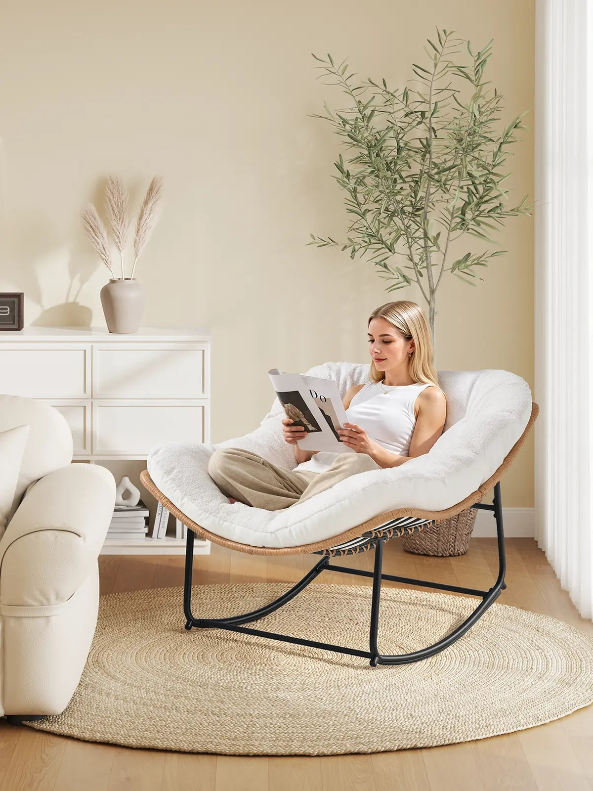 【Double-Side Fabric】Onbrill Oversized Indoor Outdoor Rocking Chairs, Comfy Papasan Rocking Chair with Padded Cushion, Rattan Wicker Lounge Chair, Modern Reading Accent Chair for Balcony Garden, Livingroom Furniture,Christmas Gift【Summerfinds】