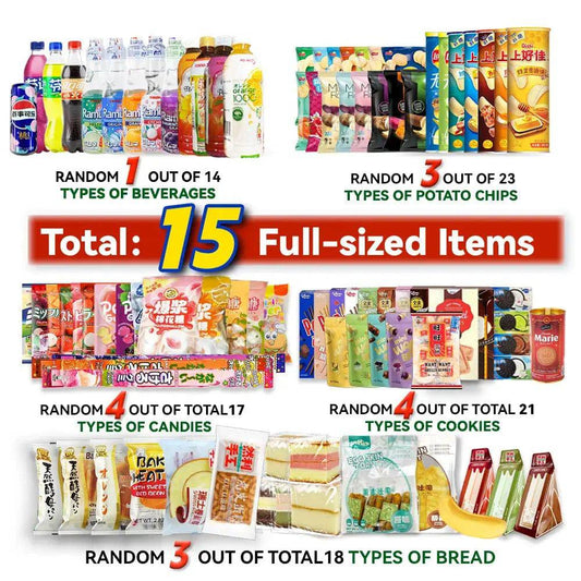 Asian Snack Box | 15 Full-Size Japanese Korean Chinese Snacks & Drinks Dessert Candy