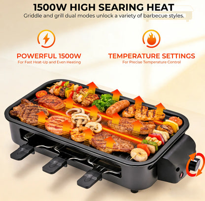 Pukomc 1500W Smokeless Grills - Electric Nonstick Griddle Grill with Extended Removable Plates, Adjustable Temp Control, 4 Mini Raclette Pans, Compact Apartment Kitchen Supply, Mess-Free Easy-Clean Accessory