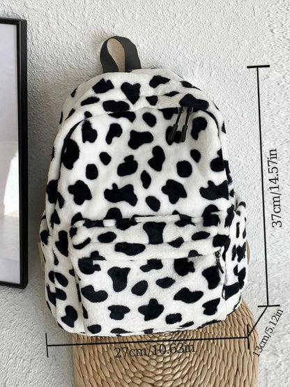 Fluffy Casual Leopard Pattern Plush Backpack, Casual Zipper Backpack for Women & Men, Fashionable Backpack for Daily Use