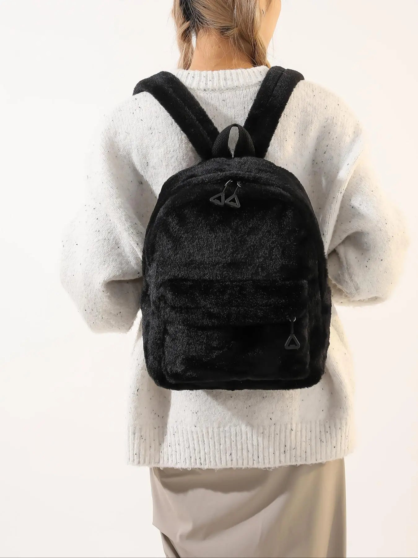 Fluffy Casual Leopard Pattern Plush Backpack, Casual Zipper Backpack for Women & Men, Fashionable Backpack for Daily Use