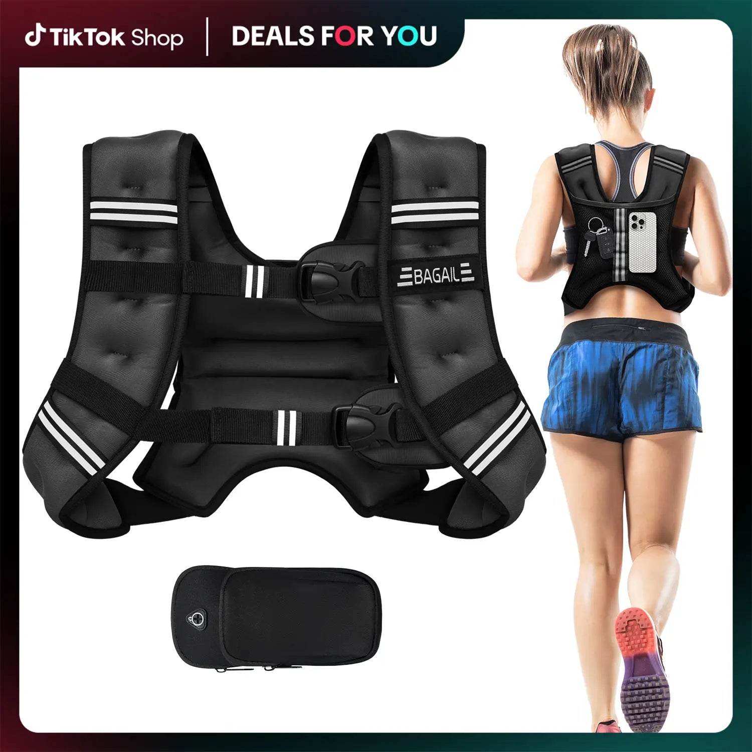 【Summer Wins】Bagail Weighted Vest, 5Lbs/8Lbs/10Lbs/12Lbs/15Lbs/20Lbs/25Lbs/30Lbs Weight Vest with Detachable Phone Pouch, Rucking Vest for Women, Men, Walking, Training, Running Summervibes