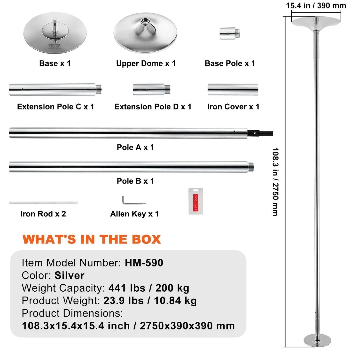 【Summerfinds】Vevor Professional Dancing Pole, , Spinning Static Dancing Pole Kit, Portable Removable Pole, 45Mm Heavy-Duty Stainless Steel Pole, Height Adjustable Fitness Pole, for Exercise Home Club Gym, Silver