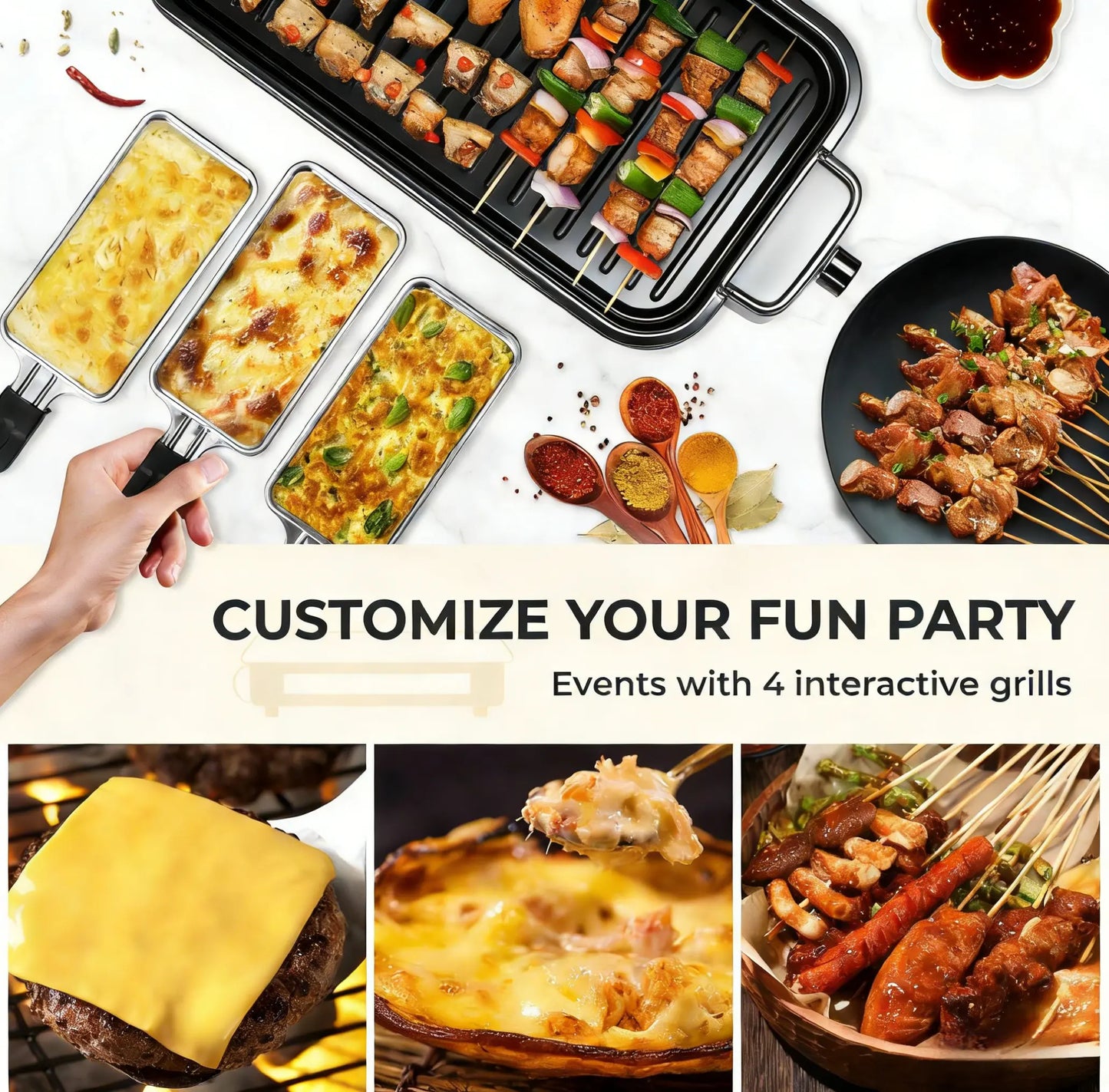 Pukomc 1500W Smokeless Grills - Electric Nonstick Griddle Grill with Extended Removable Plates, Adjustable Temp Control, 4 Mini Raclette Pans, Compact Apartment Kitchen Supply, Mess-Free Easy-Clean Accessory