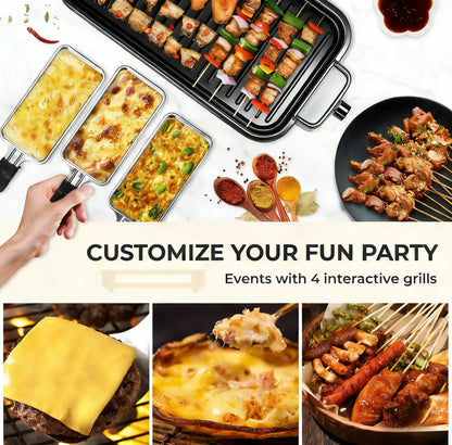 Pukomc 1500W Smokeless Grills - Electric Nonstick Griddle Grill with Extended Removable Plates, Adjustable Temp Control, 4 Mini Raclette Pans, Compact Apartment Kitchen Supply, Mess-Free Easy-Clean Accessory