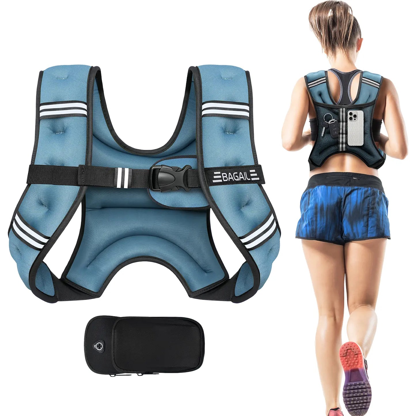【Summer Wins】Bagail Weighted Vest, 5Lbs/8Lbs/10Lbs/12Lbs/15Lbs/20Lbs/25Lbs/30Lbs Weight Vest with Detachable Phone Pouch, Rucking Vest for Women, Men, Walking, Training, Running Summervibes