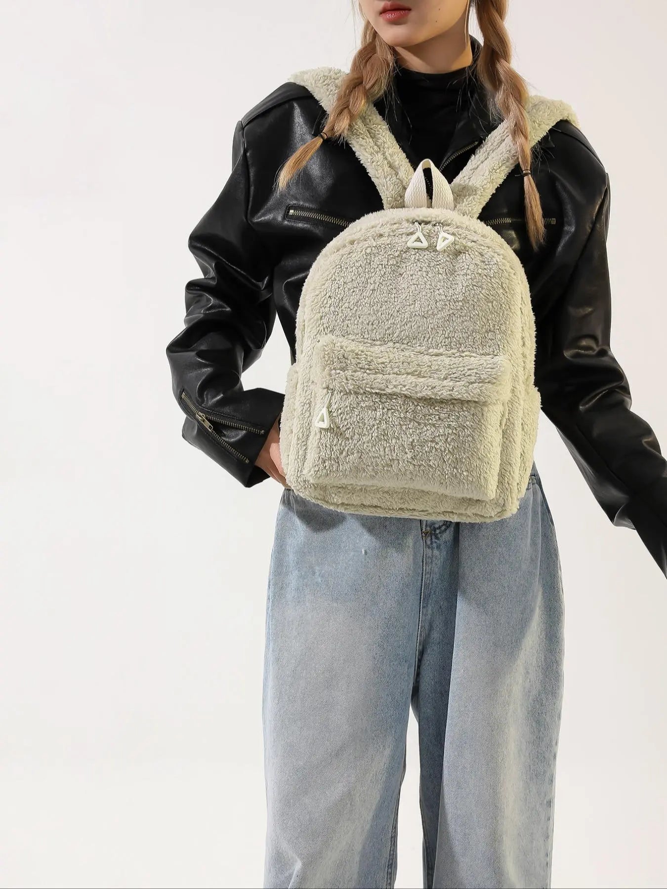 Fluffy Casual Leopard Pattern Plush Backpack, Casual Zipper Backpack for Women & Men, Fashionable Backpack for Daily Use