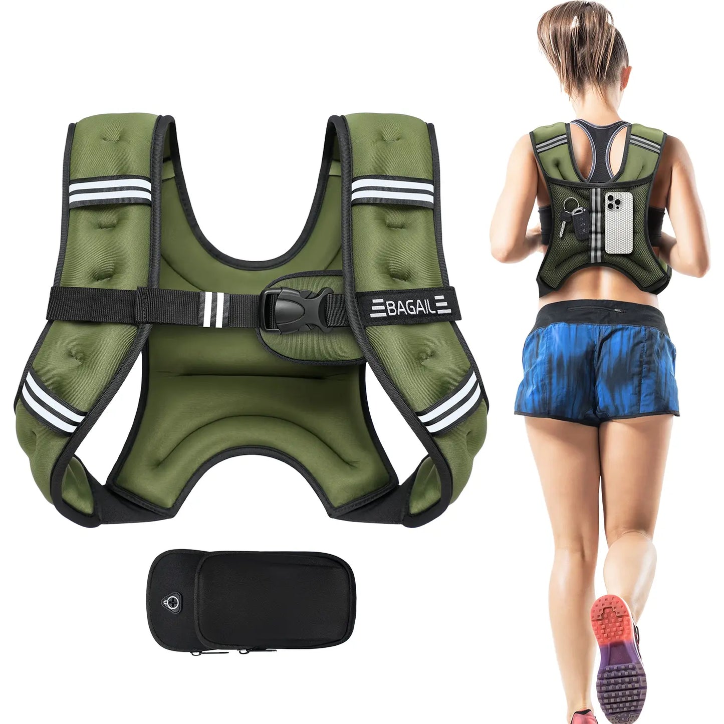 【Summer Wins】Bagail Weighted Vest, 5Lbs/8Lbs/10Lbs/12Lbs/15Lbs/20Lbs/25Lbs/30Lbs Weight Vest with Detachable Phone Pouch, Rucking Vest for Women, Men, Walking, Training, Running Summervibes