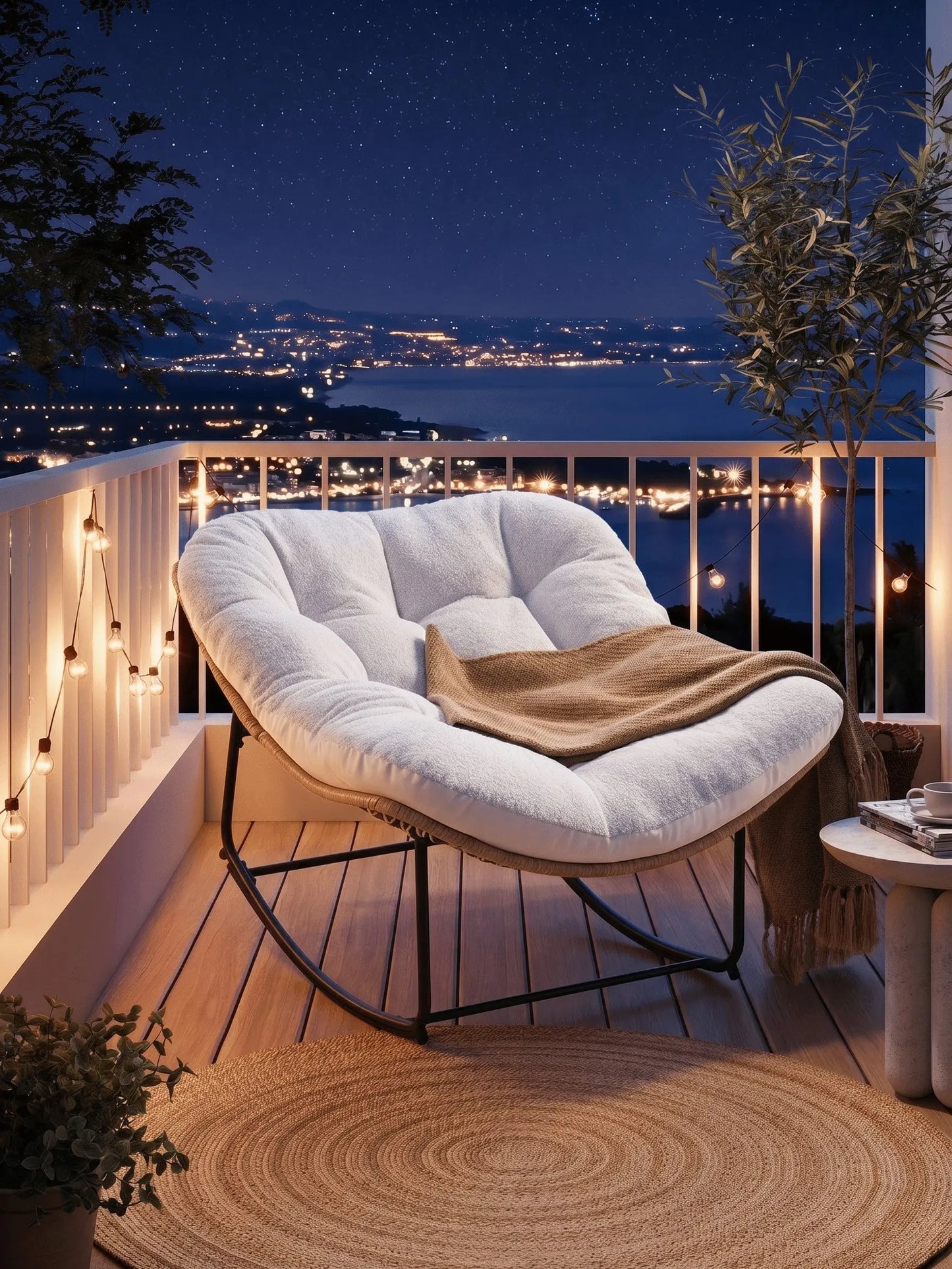 【Double-Side Fabric】Onbrill Oversized Indoor Outdoor Rocking Chairs, Comfy Papasan Rocking Chair with Padded Cushion, Rattan Wicker Lounge Chair, Modern Reading Accent Chair for Balcony Garden, Livingroom Furniture,Christmas Gift【Summerfinds】