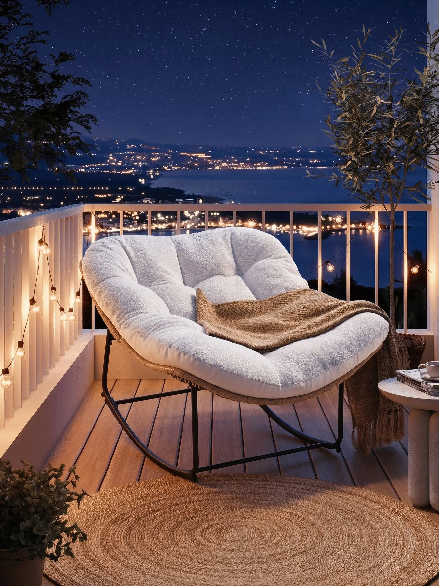【Double-Side Fabric】Onbrill Oversized Indoor Outdoor Rocking Chairs, Comfy Papasan Rocking Chair with Padded Cushion, Rattan Wicker Lounge Chair, Modern Reading Accent Chair for Balcony Garden, Livingroom Furniture,Christmas Gift【Summerfinds】