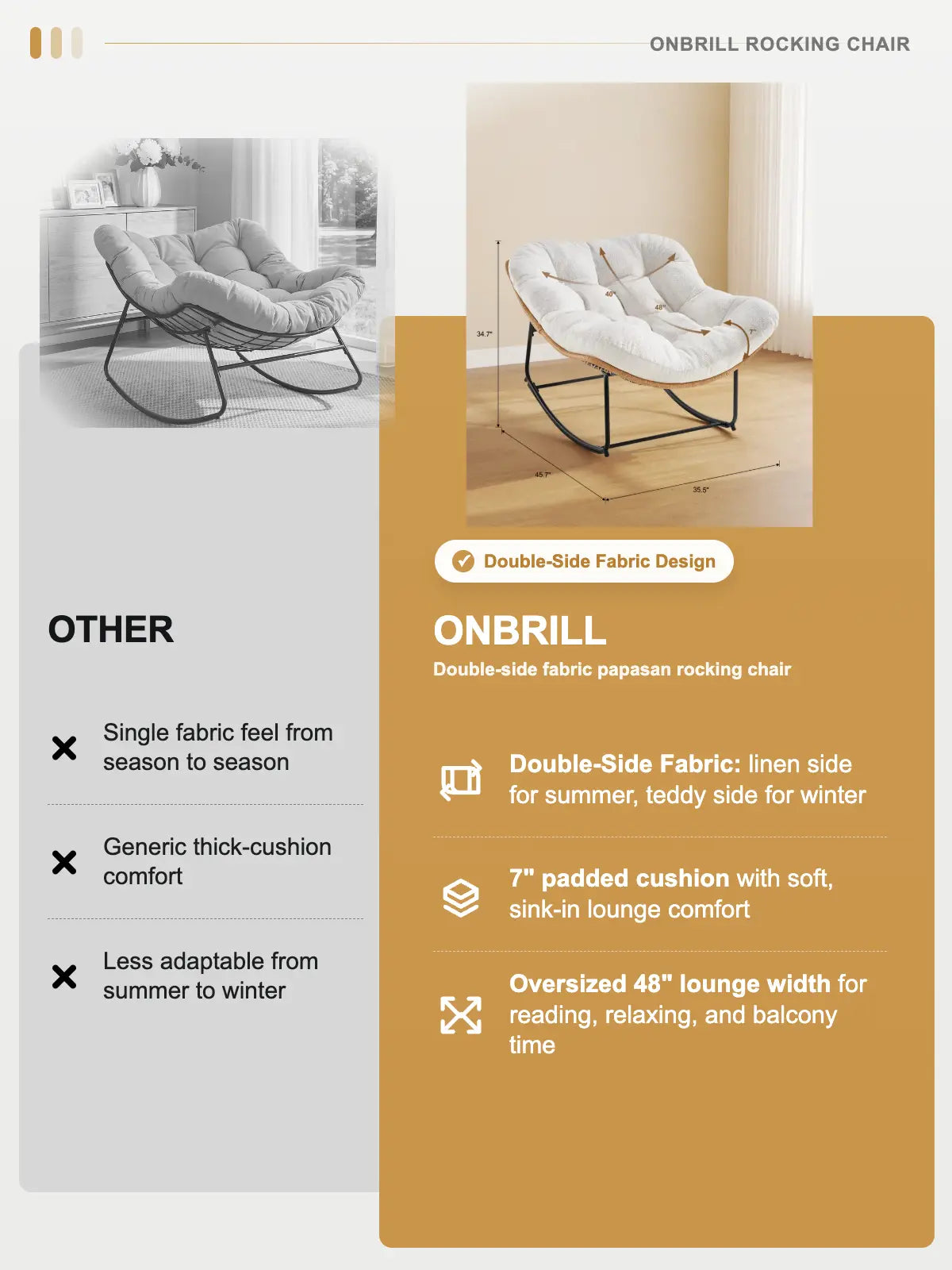 【Double-Side Fabric】Onbrill Oversized Indoor Outdoor Rocking Chairs, Comfy Papasan Rocking Chair with Padded Cushion, Rattan Wicker Lounge Chair, Modern Reading Accent Chair for Balcony Garden, Livingroom Furniture,Christmas Gift【Summerfinds】