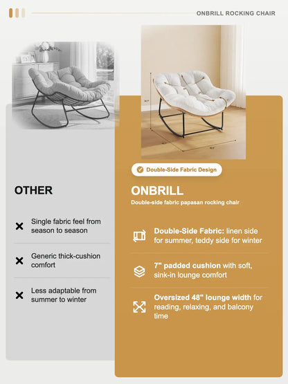 【Double-Side Fabric】Onbrill Oversized Indoor Outdoor Rocking Chairs, Comfy Papasan Rocking Chair with Padded Cushion, Rattan Wicker Lounge Chair, Modern Reading Accent Chair for Balcony Garden, Livingroom Furniture,Christmas Gift【Summerfinds】