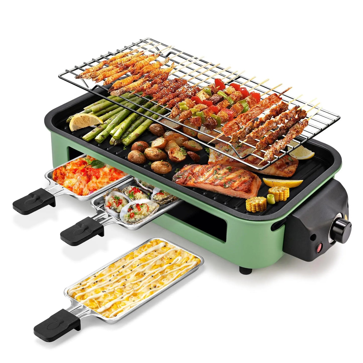 Pukomc 1500W Smokeless Grills - Electric Nonstick Griddle Grill with Extended Removable Plates, Adjustable Temp Control, 4 Mini Raclette Pans, Compact Apartment Kitchen Supply, Mess-Free Easy-Clean Accessory