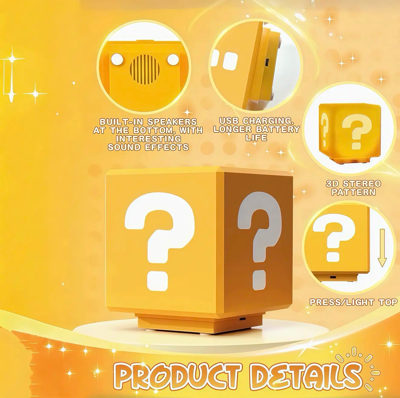 Question Block Lamp with Sound Effects USB Powered LED Night Light for Gaming Room Decor Birthday Gifts for Gamers Classic Pixel Art Design