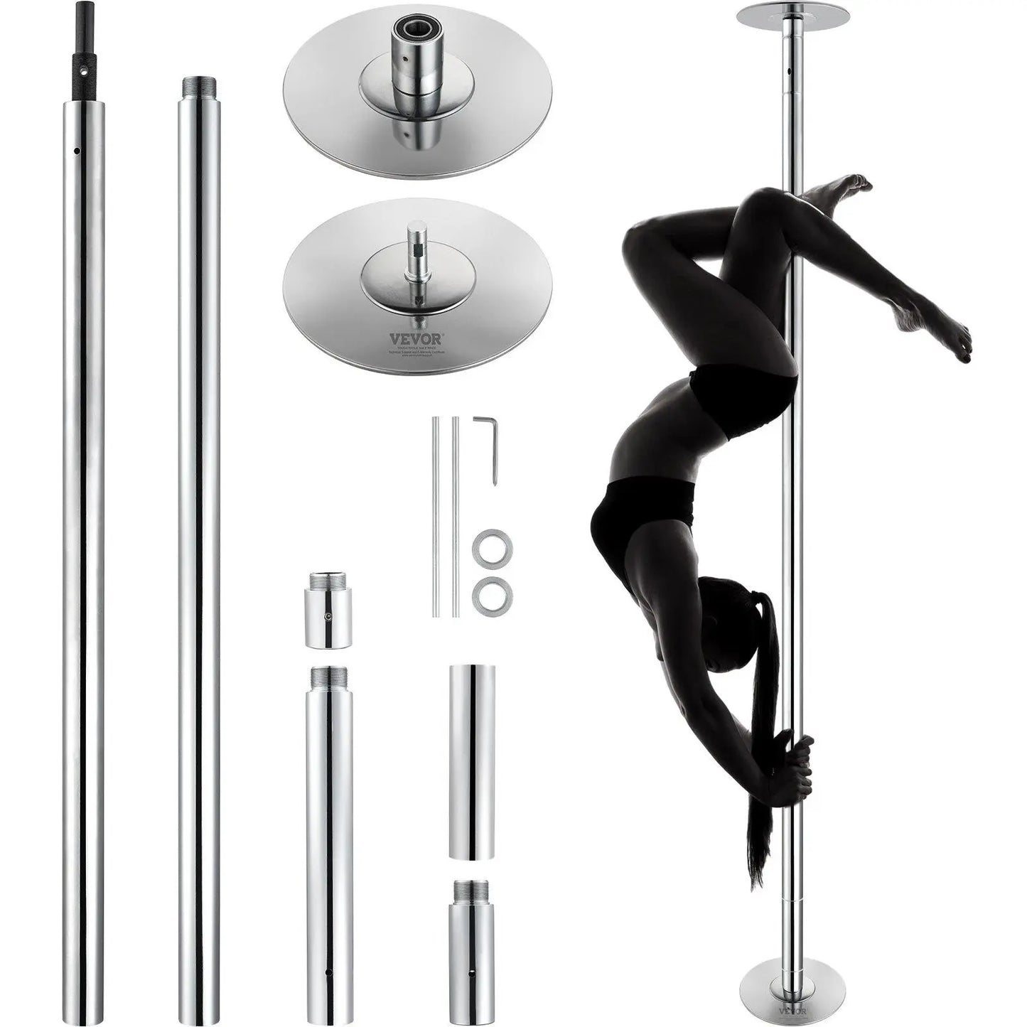 【Summerfinds】Vevor Professional Dancing Pole, , Spinning Static Dancing Pole Kit, Portable Removable Pole, 45Mm Heavy-Duty Stainless Steel Pole, Height Adjustable Fitness Pole, for Exercise Home Club Gym, Silver