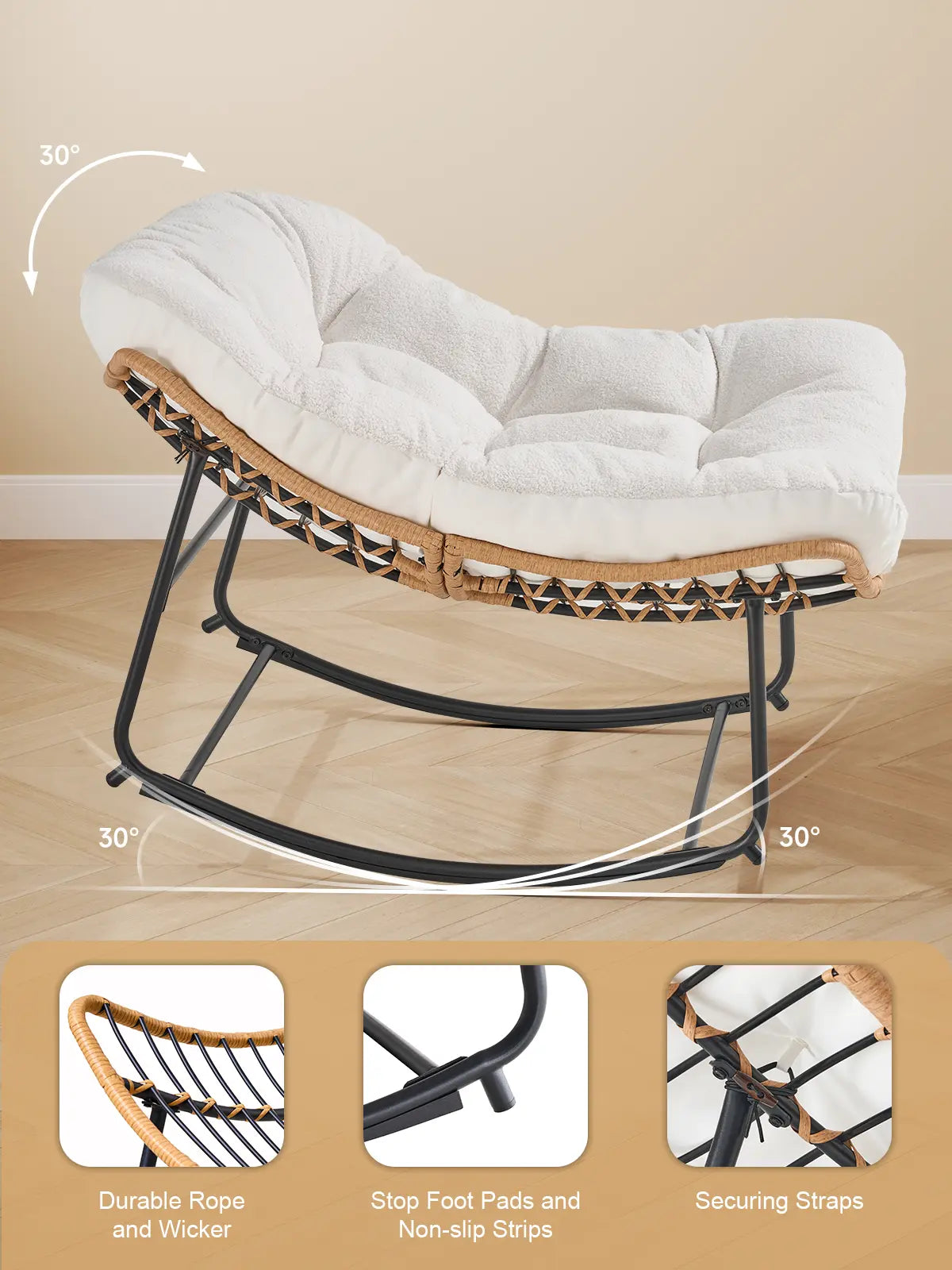 【Double-Side Fabric】Onbrill Oversized Indoor Outdoor Rocking Chairs, Comfy Papasan Rocking Chair with Padded Cushion, Rattan Wicker Lounge Chair, Modern Reading Accent Chair for Balcony Garden, Livingroom Furniture,Christmas Gift【Summerfinds】
