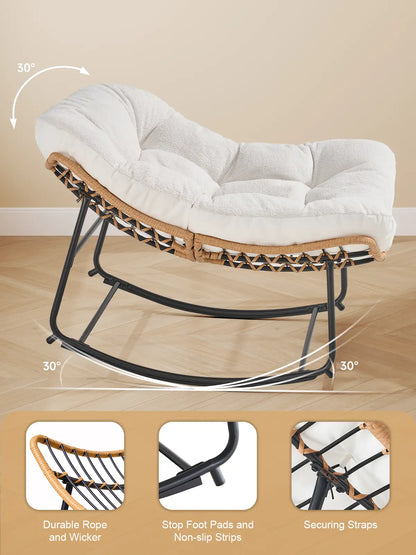 【Double-Side Fabric】Onbrill Oversized Indoor Outdoor Rocking Chairs, Comfy Papasan Rocking Chair with Padded Cushion, Rattan Wicker Lounge Chair, Modern Reading Accent Chair for Balcony Garden, Livingroom Furniture,Christmas Gift【Summerfinds】