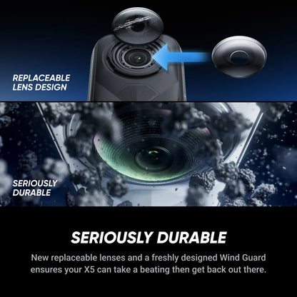Insta360 X5 - Waterproof 8K 360° Action Camera, Leading Low Light, Invisible Selfie Stick Effect, Rugged and Replaceable Lens, 3-Hour Battery, Built-In Wind Guard, Stabilization, Triple AI Chip Design