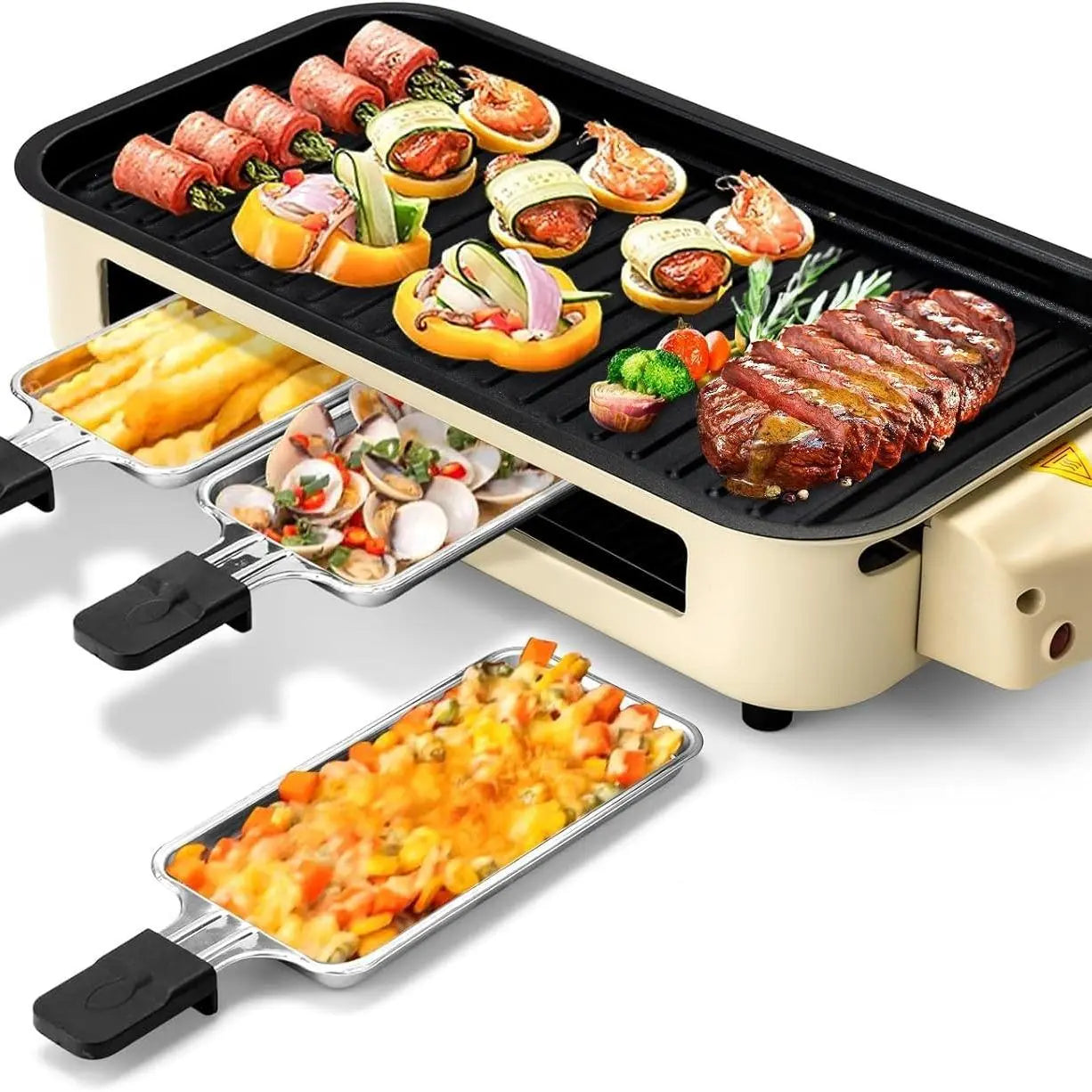 Pukomc 1500W Smokeless Grills - Electric Nonstick Griddle Grill with Extended Removable Plates, Adjustable Temp Control, 4 Mini Raclette Pans, Compact Apartment Kitchen Supply, Mess-Free Easy-Clean Accessory