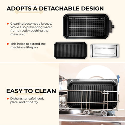 Pukomc 1500W Smokeless Grills - Electric Nonstick Griddle Grill with Extended Removable Plates, Adjustable Temp Control, 4 Mini Raclette Pans, Compact Apartment Kitchen Supply, Mess-Free Easy-Clean Accessory