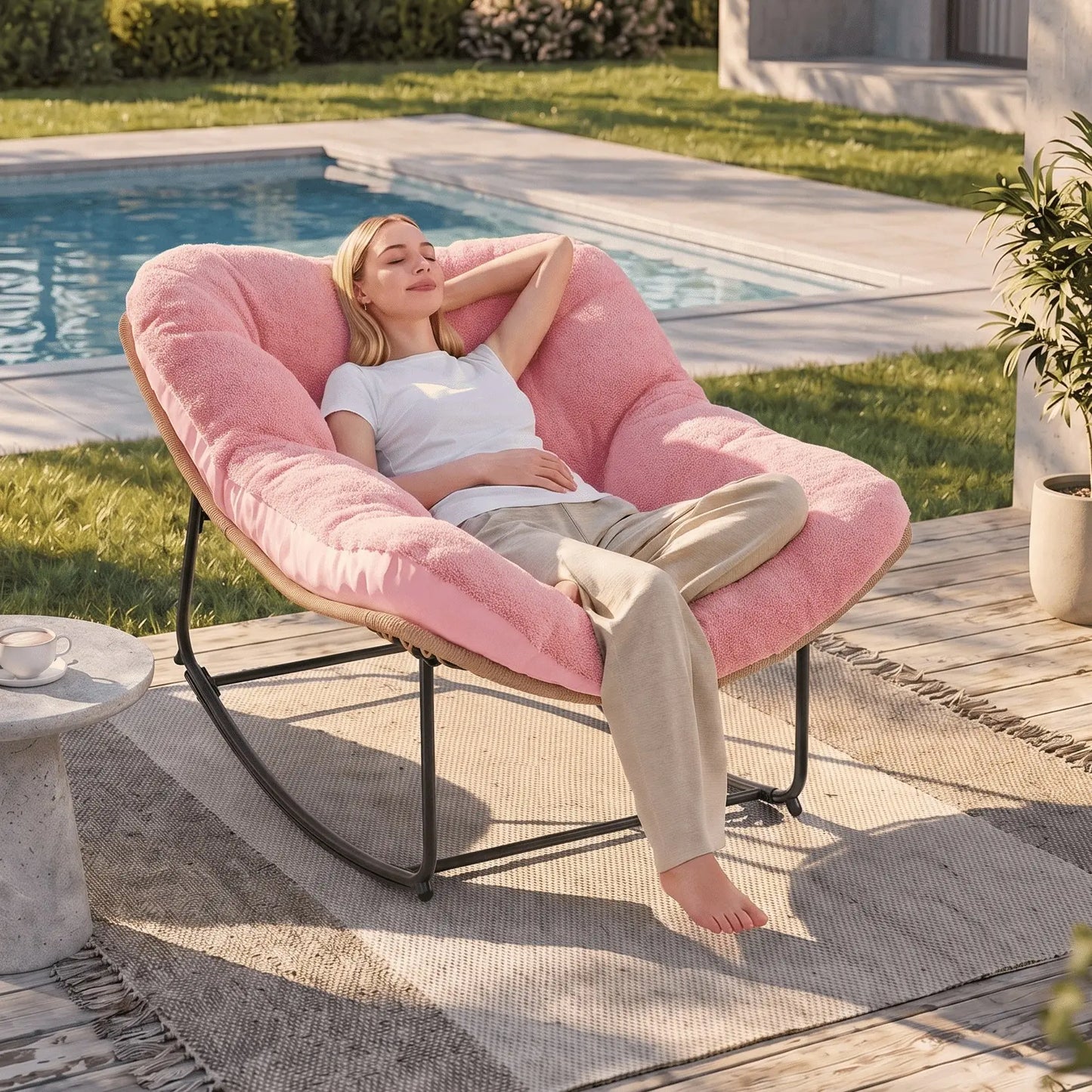 【Double-Side Fabric】Onbrill Oversized Indoor Outdoor Rocking Chairs, Comfy Papasan Rocking Chair with Padded Cushion, Rattan Wicker Lounge Chair, Modern Reading Accent Chair for Balcony Garden, Livingroom Furniture,Christmas Gift【Summerfinds】