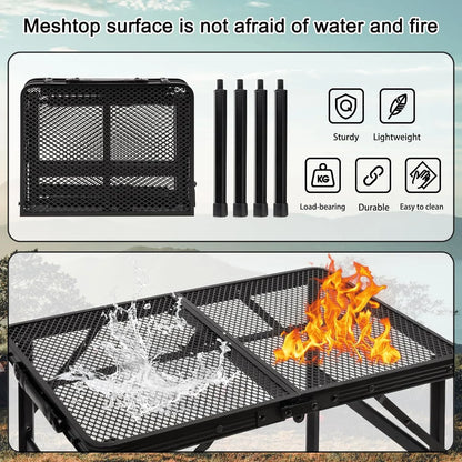 Lightweight Folding Grill Table with Mesh Desktop, Camping Table Folding Portable Camp Aluminum ,Picnic, Backyard, BBQ, Patio, Black
