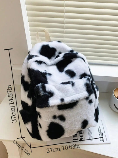 Fluffy Casual Leopard Pattern Plush Backpack, Casual Zipper Backpack for Women & Men, Fashionable Backpack for Daily Use
