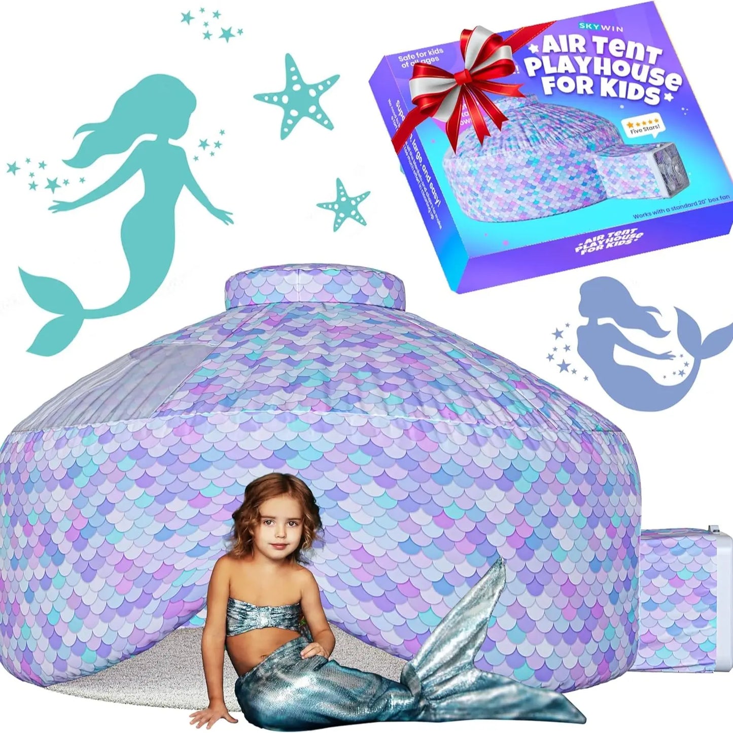 SKYWIN Air Tent Fort Large Playhouse for Kids - Inflatable Fort Sets up Away in Seconds (Fan NOT Included) Kids Play Tent Toys Baby
