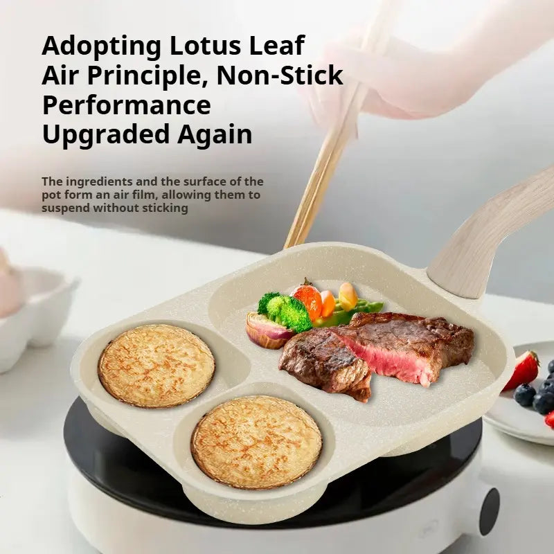 Non-Stick 4-In-1 Breakfast Pan for Frying Eggs, Hamburgers & Scrambled Eggs - Multi-Functional, Fast Heating, Durable, Easy Clean, Space-Saving, Eco-Friendly, with Silicone Strips & Tempered Glass Lid Cookware