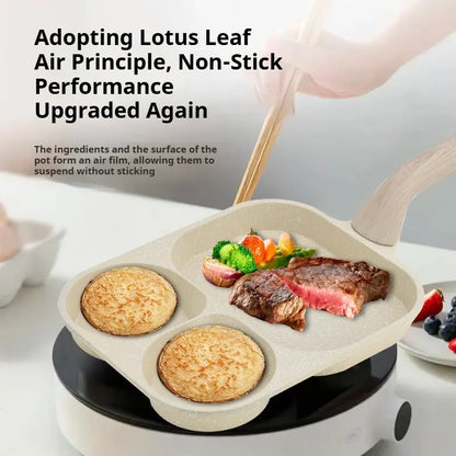 Non-Stick 4-In-1 Breakfast Pan for Frying Eggs, Hamburgers & Scrambled Eggs - Multi-Functional, Fast Heating, Durable, Easy Clean, Space-Saving, Eco-Friendly, with Silicone Strips & Tempered Glass Lid Cookware