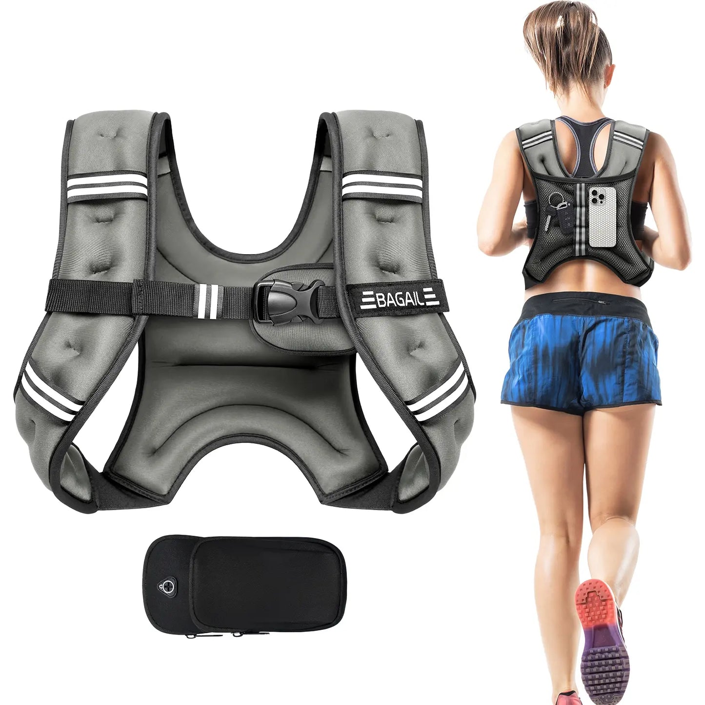 【Summer Wins】Bagail Weighted Vest, 5Lbs/8Lbs/10Lbs/12Lbs/15Lbs/20Lbs/25Lbs/30Lbs Weight Vest with Detachable Phone Pouch, Rucking Vest for Women, Men, Walking, Training, Running Summervibes
