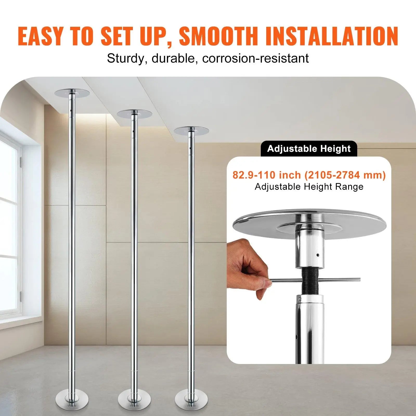 【Summerfinds】Vevor Professional Dancing Pole, , Spinning Static Dancing Pole Kit, Portable Removable Pole, 45Mm Heavy-Duty Stainless Steel Pole, Height Adjustable Fitness Pole, for Exercise Home Club Gym, Silver