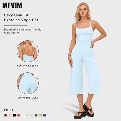 MFVIM Women'S 2-Piece Athleisure Fitness Clothes - Slimming Camisole Yoga Tank Top, High-Waisted Quick-Dry Slim-Fit Mid-Length Shorts, Multifunctional Casual Sports Wear Set for Gym, Outdoor Running,Summerwins