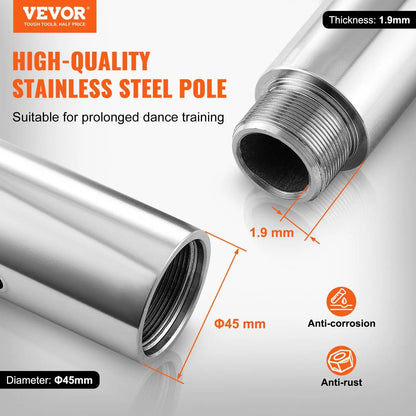【Summerfinds】Vevor Professional Dancing Pole, , Spinning Static Dancing Pole Kit, Portable Removable Pole, 45Mm Heavy-Duty Stainless Steel Pole, Height Adjustable Fitness Pole, for Exercise Home Club Gym, Silver