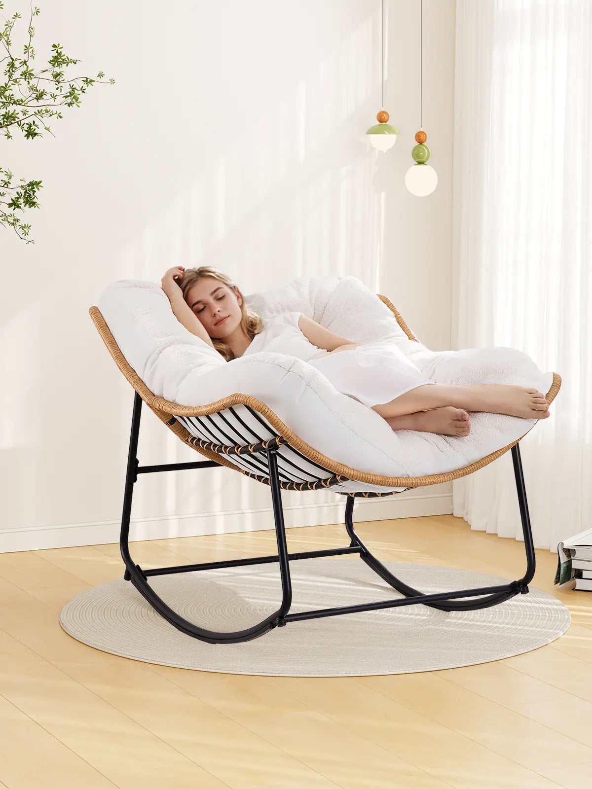 【Double-Side Fabric】Onbrill Oversized Indoor Outdoor Rocking Chairs, Comfy Papasan Rocking Chair with Padded Cushion, Rattan Wicker Lounge Chair, Modern Reading Accent Chair for Balcony Garden, Livingroom Furniture,Christmas Gift【Summerfinds】