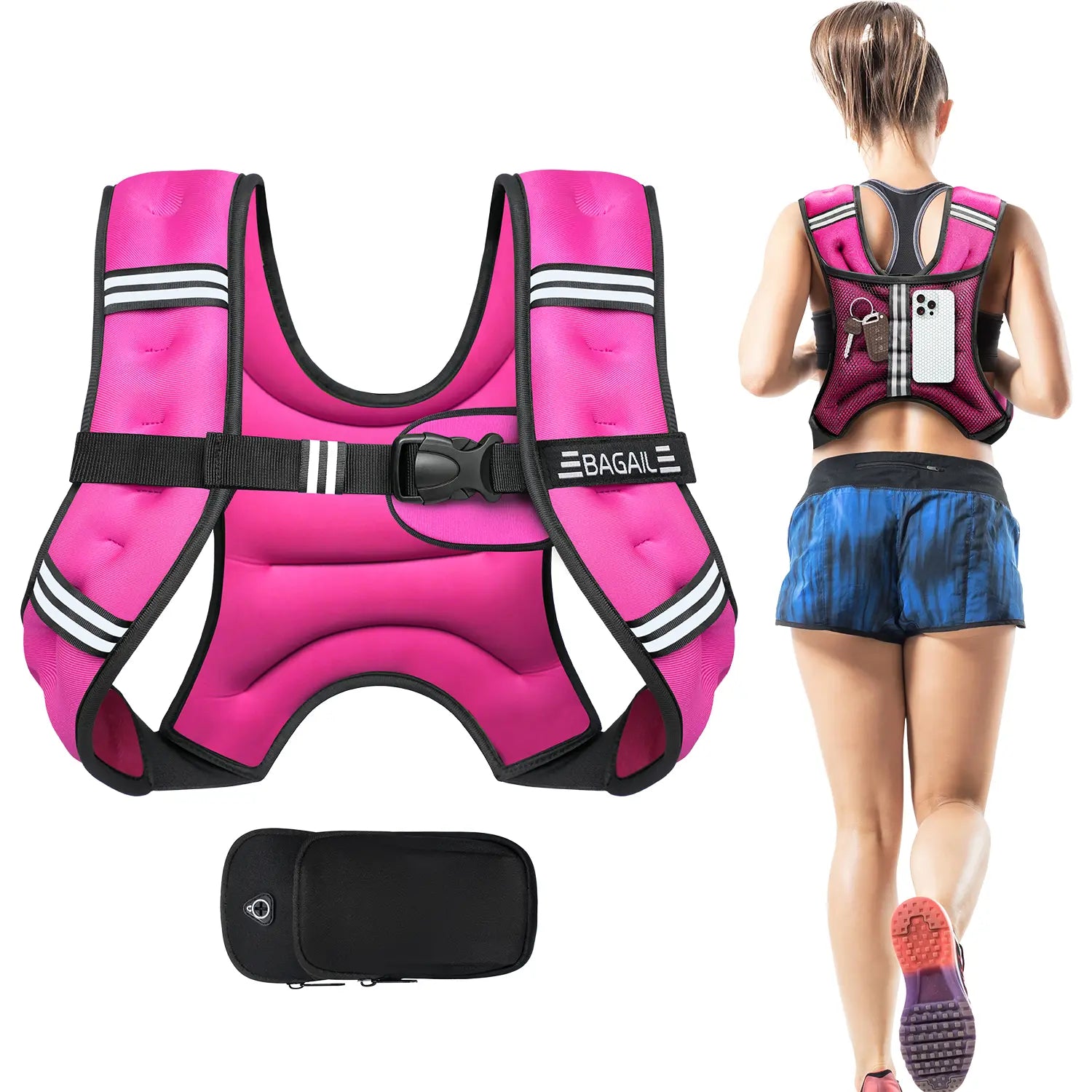【Summer Wins】Bagail Weighted Vest, 5Lbs/8Lbs/10Lbs/12Lbs/15Lbs/20Lbs/25Lbs/30Lbs Weight Vest with Detachable Phone Pouch, Rucking Vest for Women, Men, Walking, Training, Running Summervibes