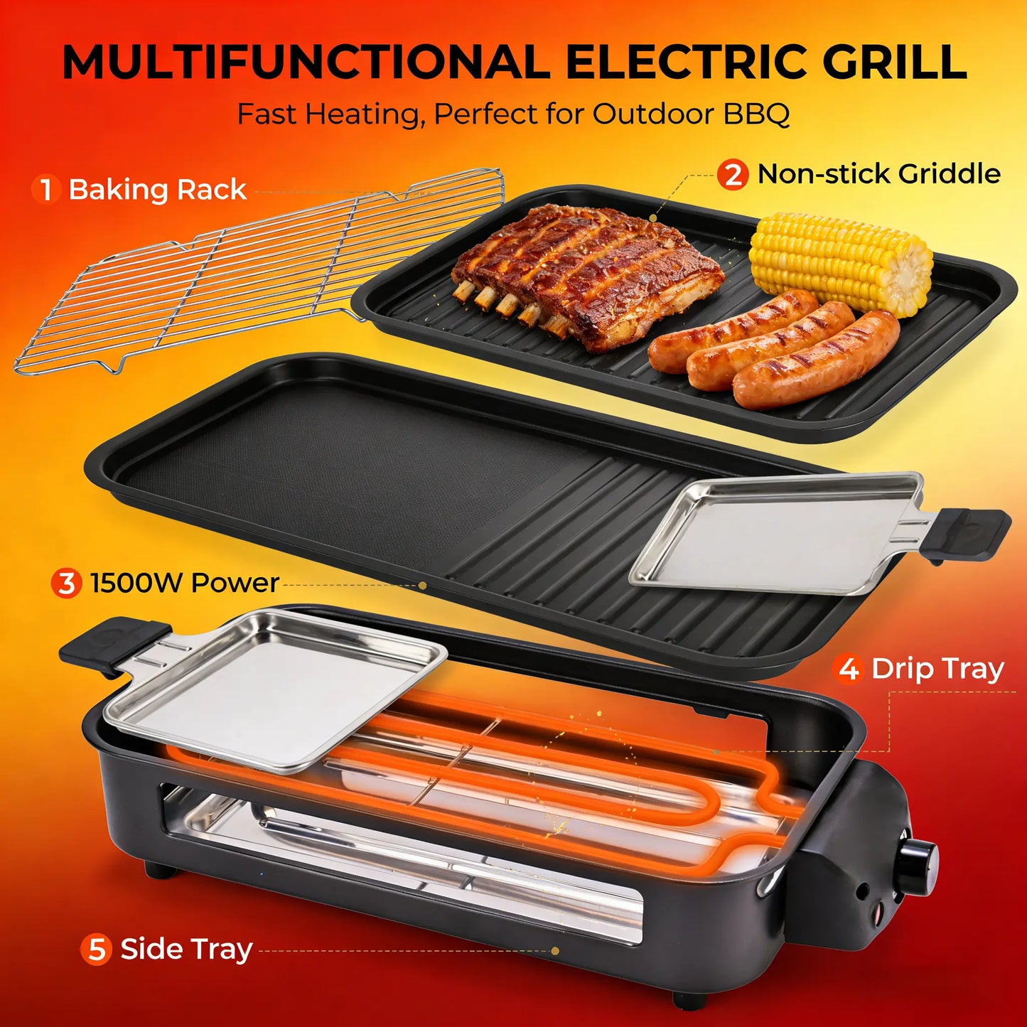Pukomc 1500W Smokeless Grills - Electric Nonstick Griddle Grill with Extended Removable Plates, Adjustable Temp Control, 4 Mini Raclette Pans, Compact Apartment Kitchen Supply, Mess-Free Easy-Clean Accessory